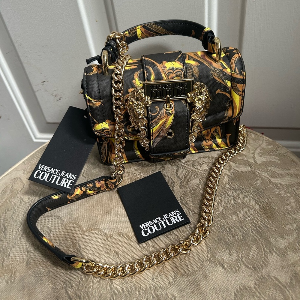Versace Jeans Couture Baroque Saffiano Collection Black and Gold Mini Bag